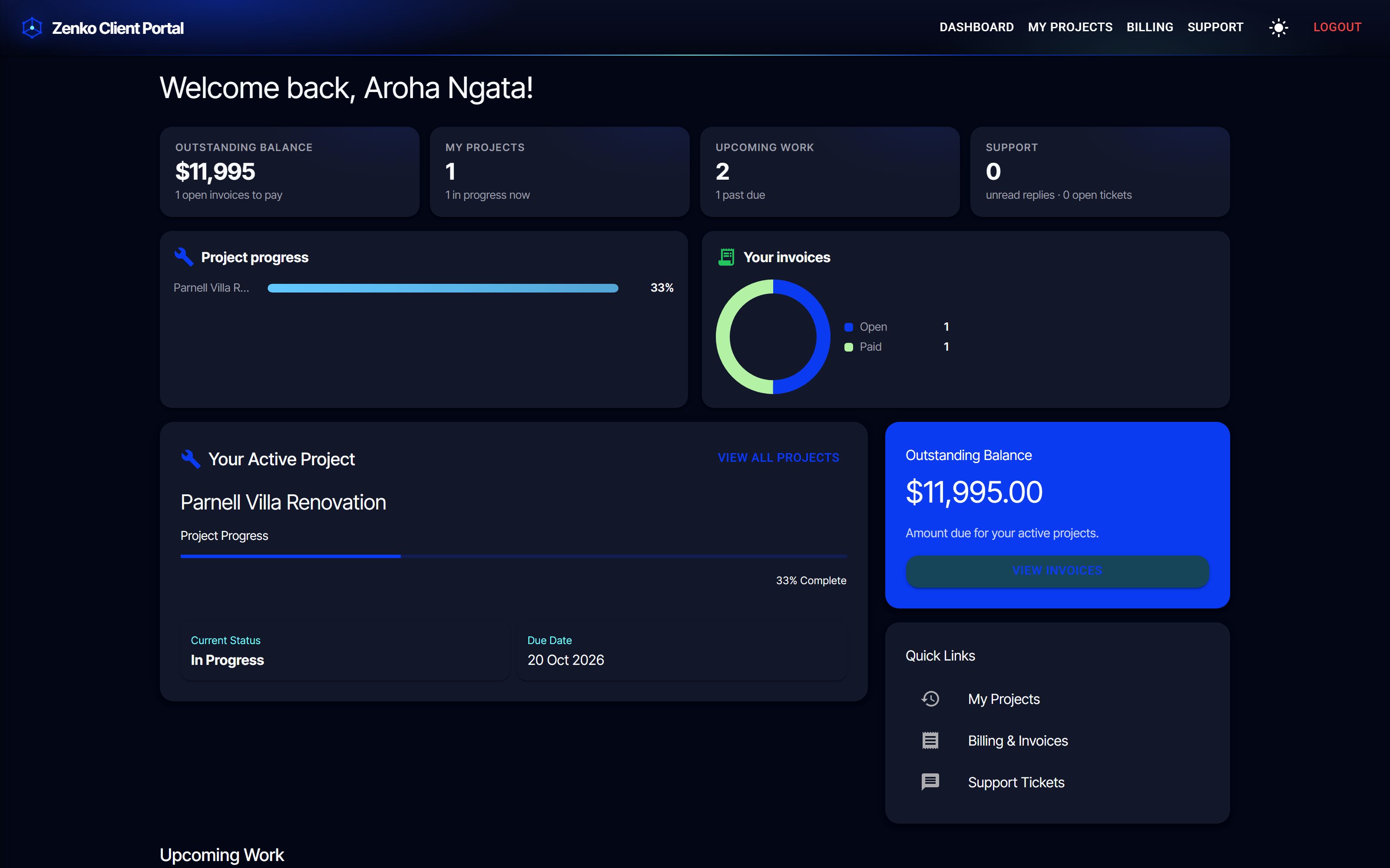 Client Portal in action (dark)