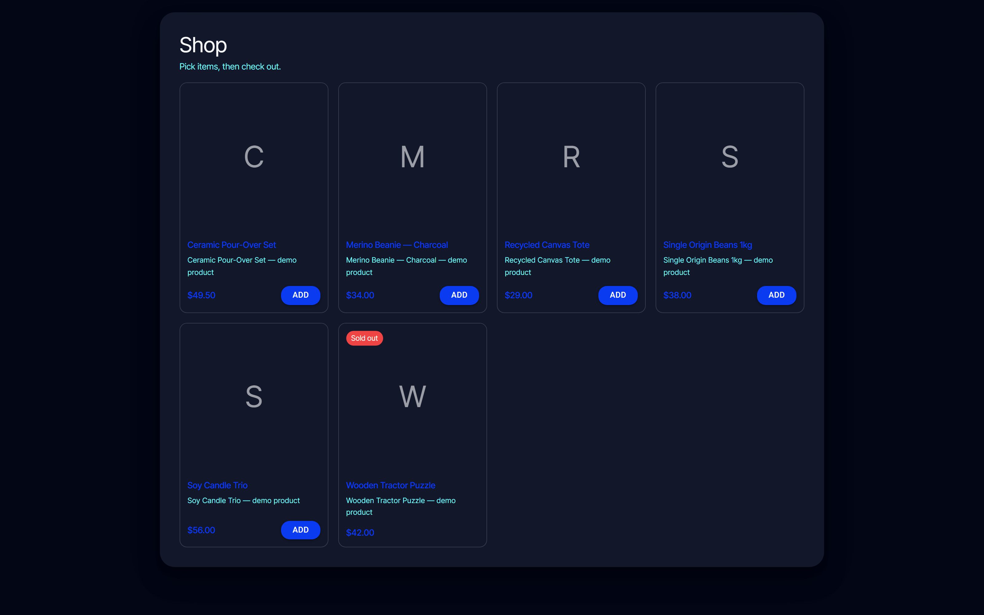 A storefront in minutes (dark)