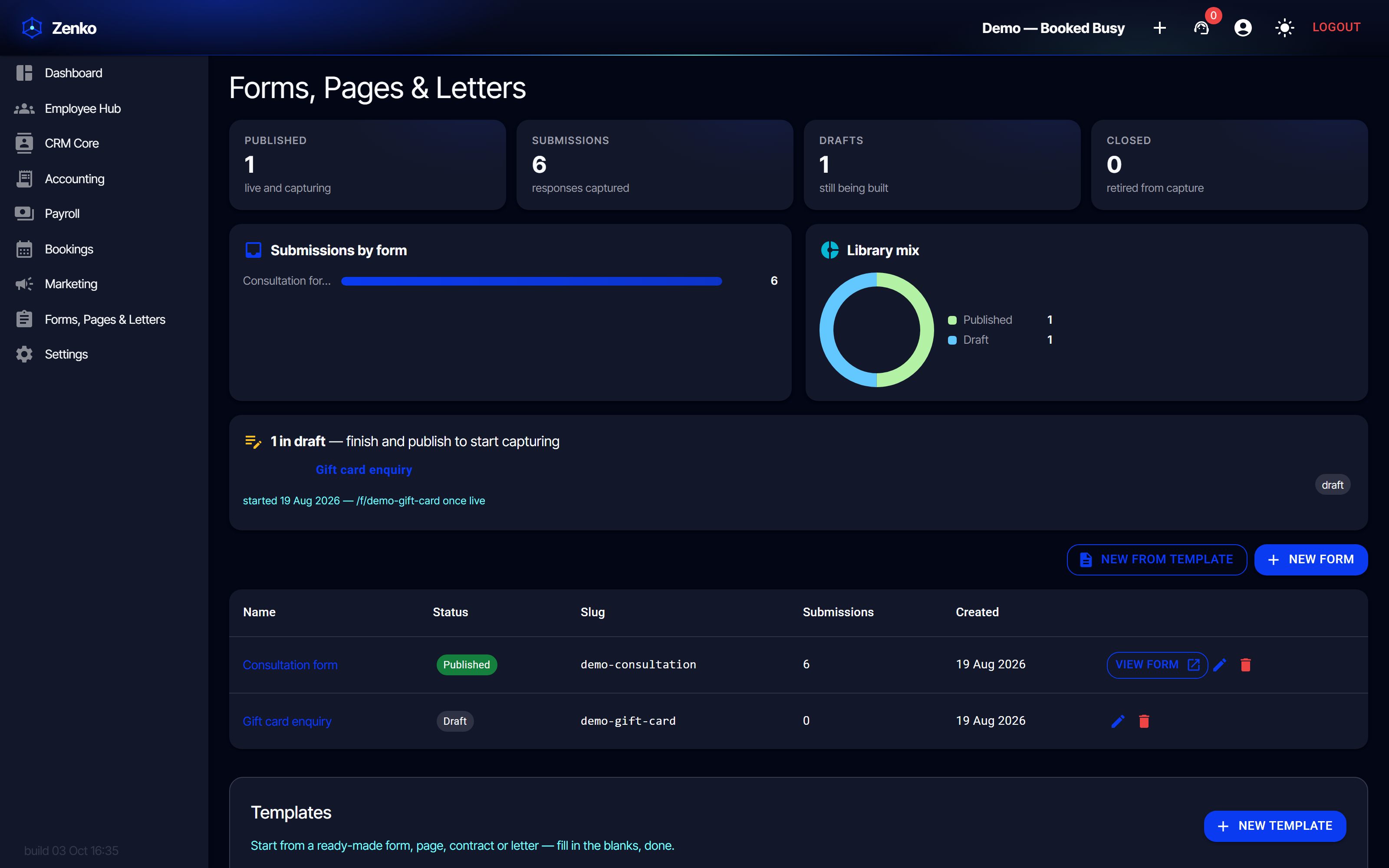 Forms, Pages & Letters in action (dark)